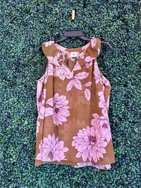 CAbi Brown Sleeveless Top with Pink Floral Print